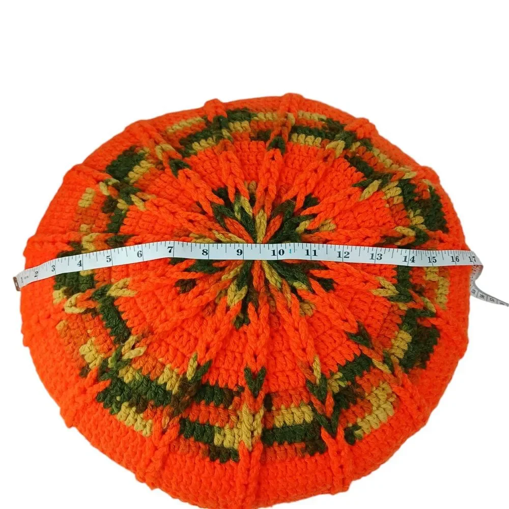 Vtg 1970s throw pillow crochet round decor Avocado Green Orange Gold Autumn